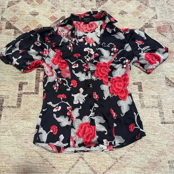 Y2k Arden B Black silk blend floral button down blouse w/ red accents size Small - Picture 3 of 8